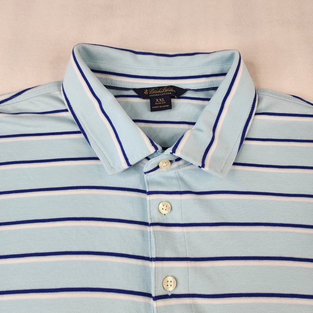 Brooks Brothers Polo Men XXL Light Blue Striped Slim Fit Supima Cotton Short Sl